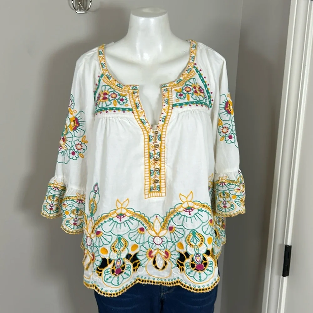 Anthropologie White Embroidered Tunic with Teal & Yellow Accents - Picture 4 of 15